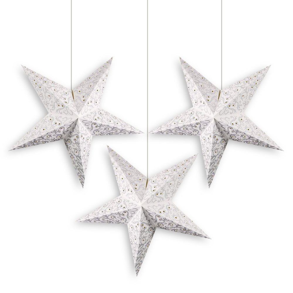 3-PACK + Cord | Silver Glitter Bramble 24&quot; Illuminated Paper Star Lanterns and Lamp Cord Hanging Decorations - PaperLanternStore.com - Paper Lanterns, Decor, Party Lights &amp; More