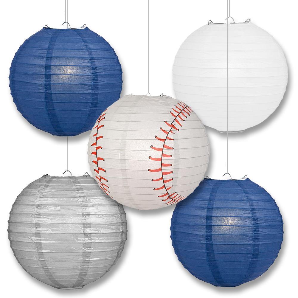 San Diego Pro Baseball 14-inch Paper Lanterns 5pc Combo Party Pack - Navy Blue, White & Silver - PaperLanternStore.com - Paper Lanterns, Decor, Party Lights & More