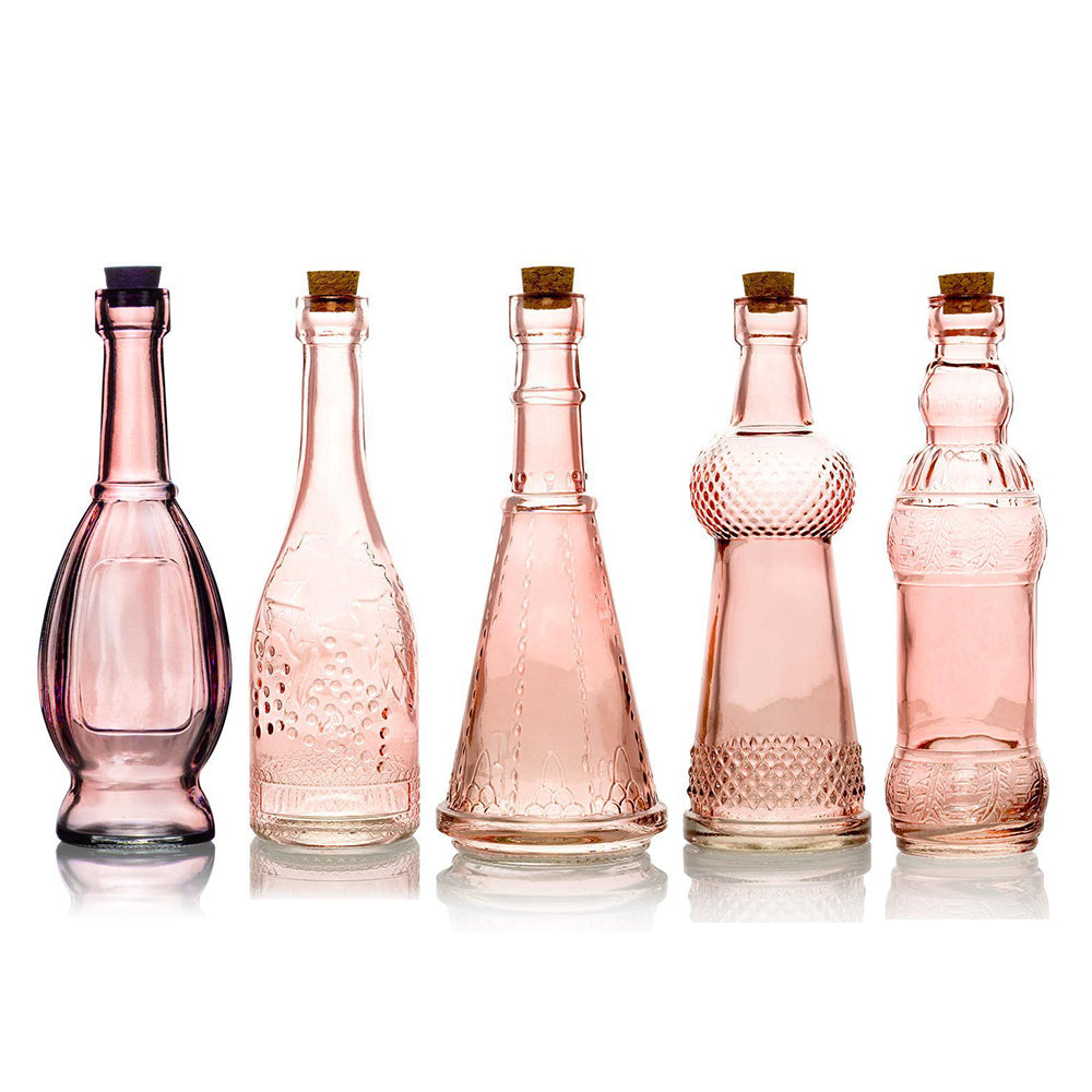 Shabby Chic Pink Vintage Glass Bottles Set - (5 Pack, Assorted Designs)
