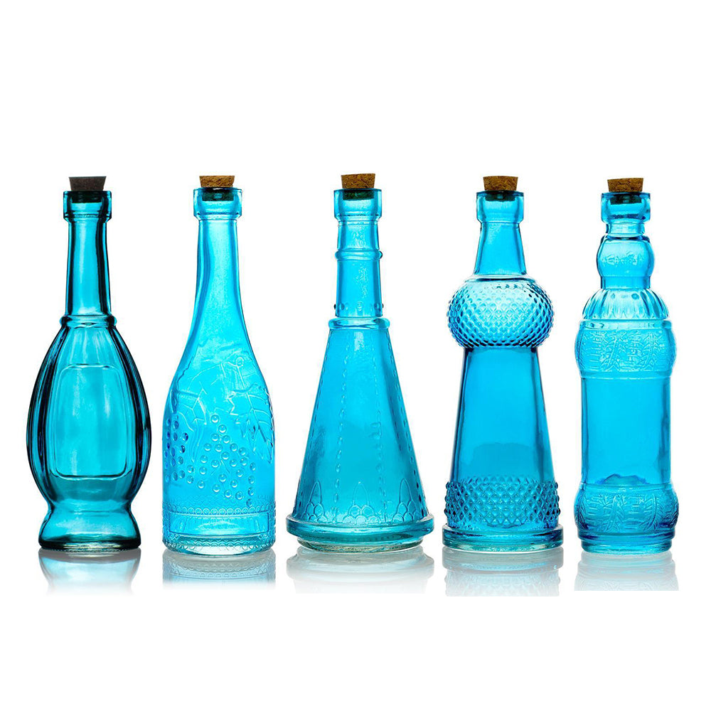 Shabby Chic Turquoise Blue Vintage Glass Bottles Set - (5 Pack, Assorted Designs)