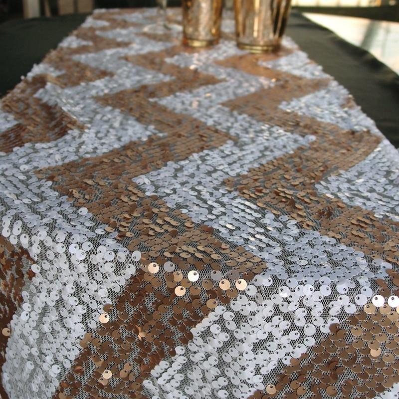 Chevron Sequin Table Runner - Champagne &amp; White (12 x 108) - PaperLanternStore.com - Paper Lanterns, Decor, Party Lights &amp; More