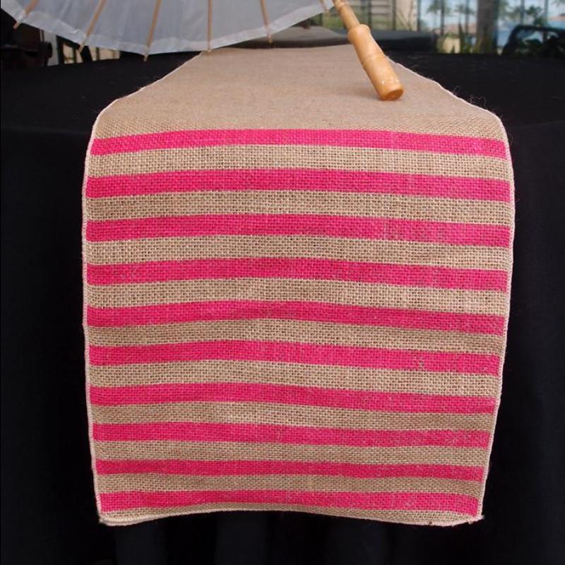 Vintage Burlap Table Runner w/ Fuchsia / Hot Pink Striped Pattern (12 x 108) - PaperLanternStore.com - Paper Lanterns, Decor, Party Lights &amp; More