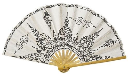 Black and White Tibetan Flame Motif Mulberry Paper Hand Fan - PaperLanternStore.com - Paper Lanterns, Decor, Party Lights &amp; More