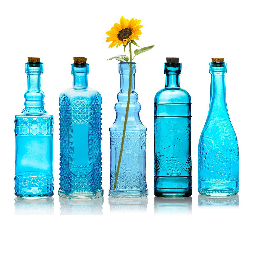 Bohemian Chic Turquoise Blue Vintage Glass Bottles Set - (5 Pack, Assorted Designs)