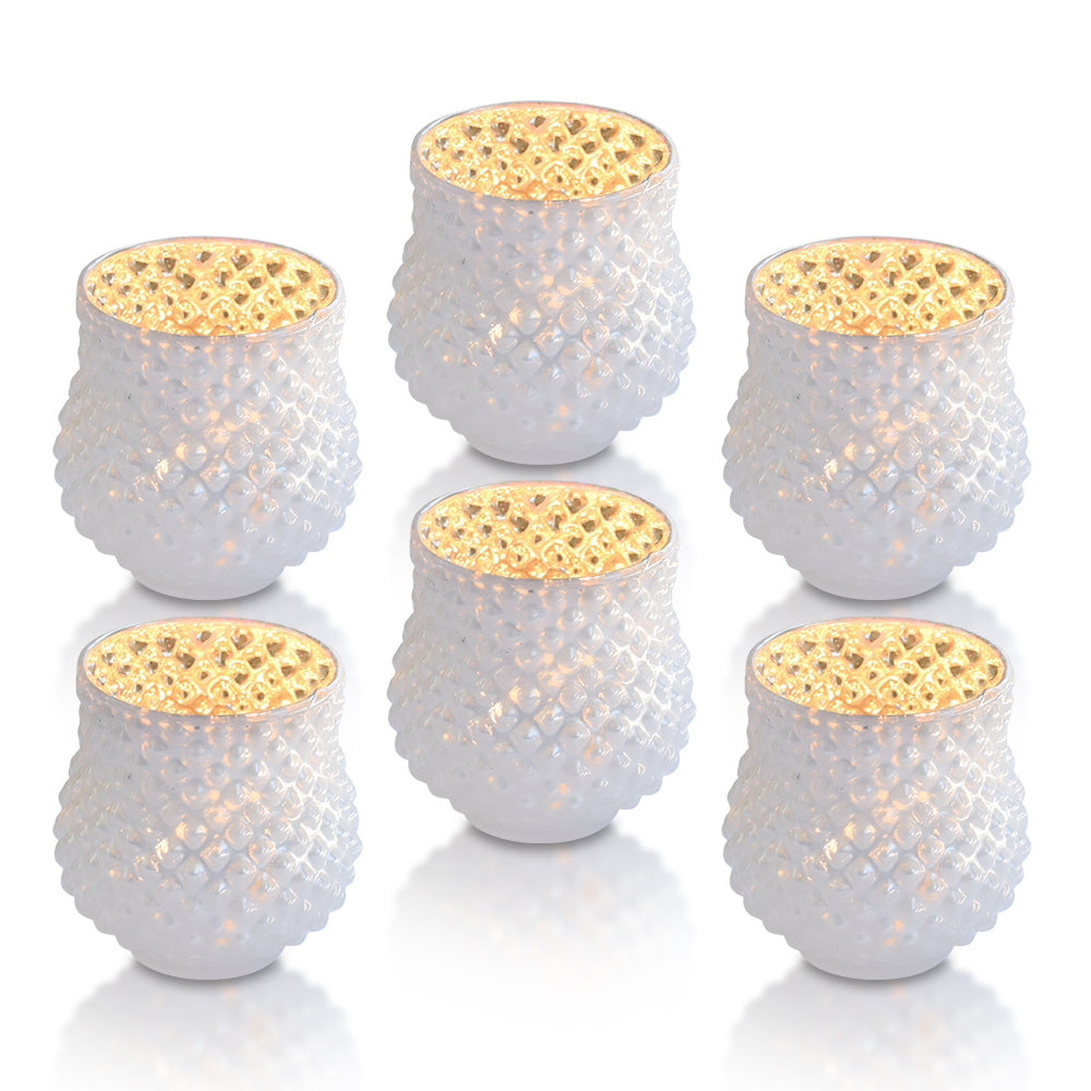 6 Pack | Vintage Mercury Glass Vase and Candle Holders (3-Inch, Small Ruby, Pearl White)  - For Use with Tea Lights - For Home Decor, Parties and Wedding Decorations