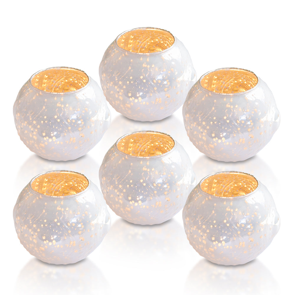 6 Pack | Vintage Mercury Glass Vase and Candle Holders (3.25-Inches, Small Josephine Design, Pearl White) - Use with Tea lights - for Home Décor, Parties and Weddings