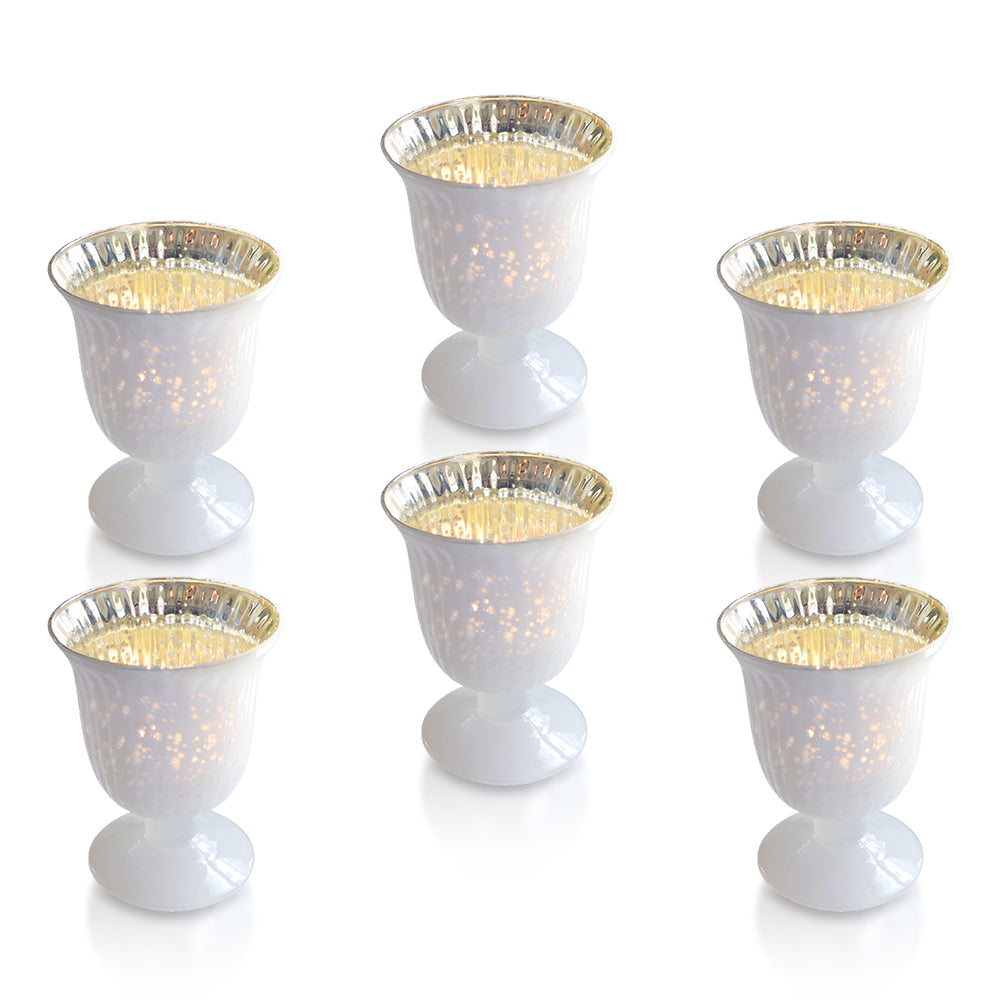 6 Pack | Vintage Mercury Glass Candle Holders (5-Inch, Emma Design, Fluted Urn, Pearl White) - Decorative Candle Holder - For Home Decor, Party Decorations, and Wedding Centerpieces