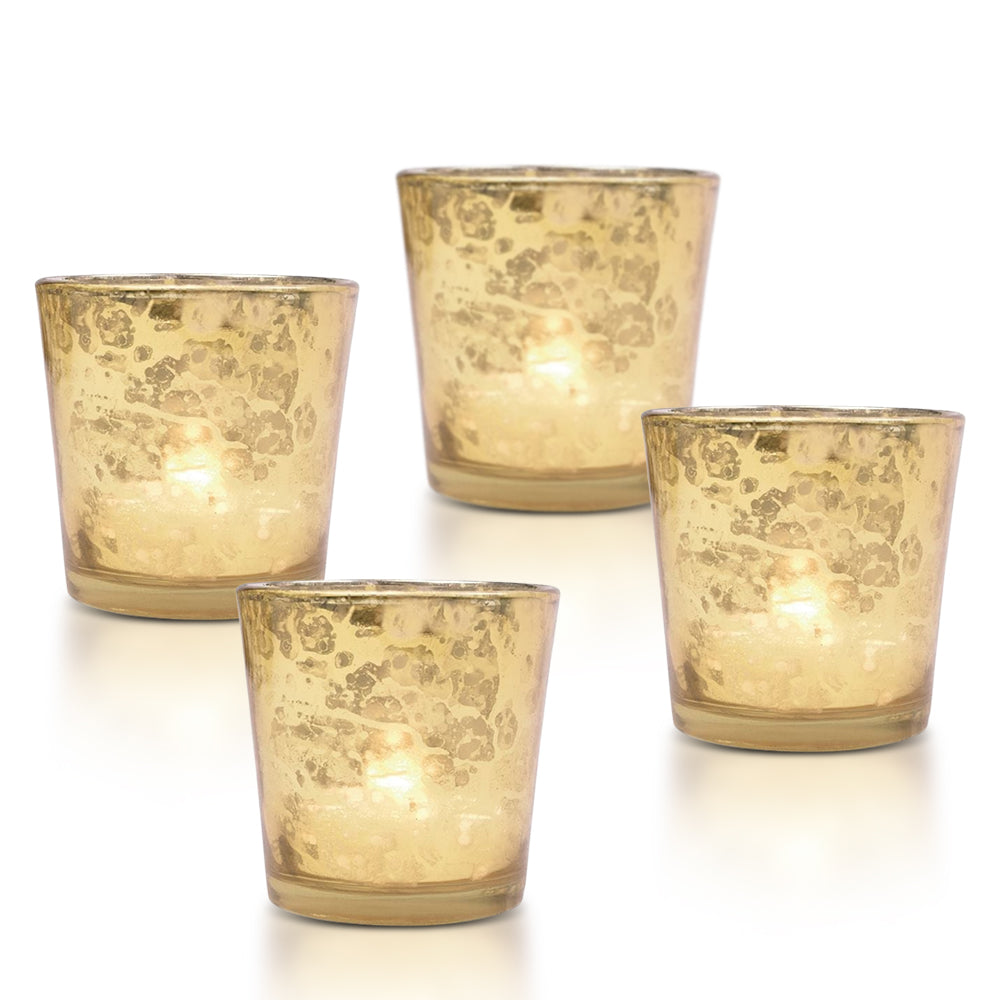 4-PACK | Vintage Mercury Glass Candle Holders (2.5-Inch, Lila Design, Liquid Motif, Gold) - For Use with Tea Lights - For Parties, Weddings and Homes