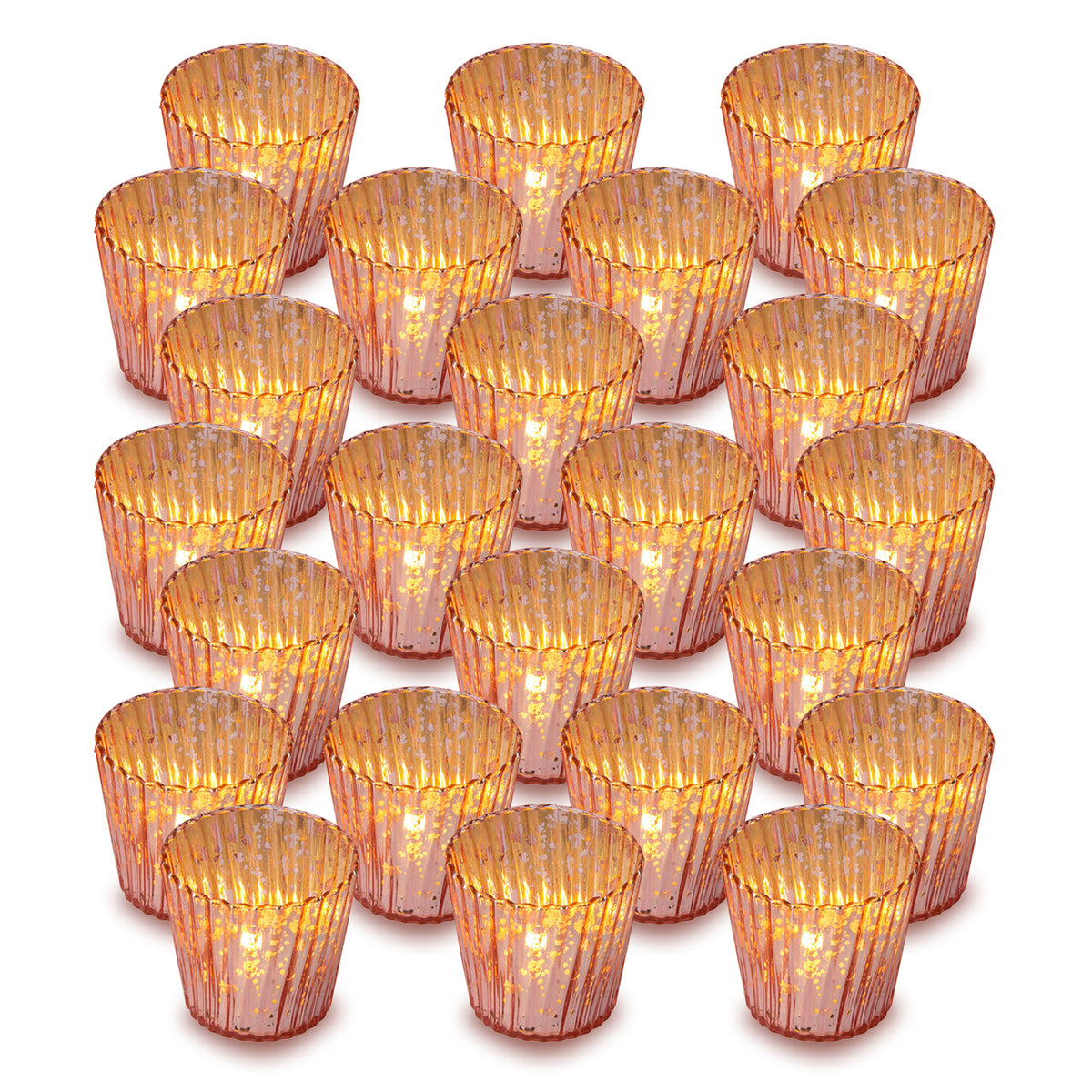 24 Pack | Vintage Mercury Glass Candle Holders (3-Inch, Caroline Design, Vertical Motif, Rose Gold Pink) - For use with Tea Lights - Home Decor, Parties and Wedding Decorations - PaperLanternStore.com - Paper Lanterns, Decor, Party Lights &amp; More