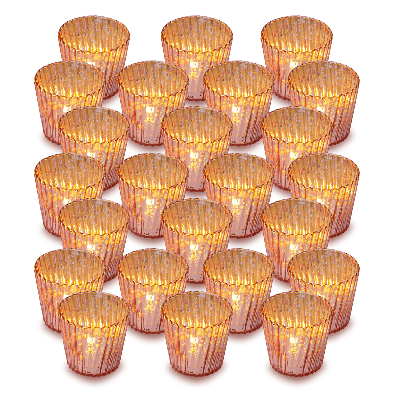 24 Pack | Vintage Mercury Glass Candle Holders (3-Inch, Caroline Design, Vertical Motif, Rose Gold Pink) - For use with Tea Lights - Home Decor, Parties and Wedding Decorations - PaperLanternStore.com - Paper Lanterns, Decor, Party Lights & More