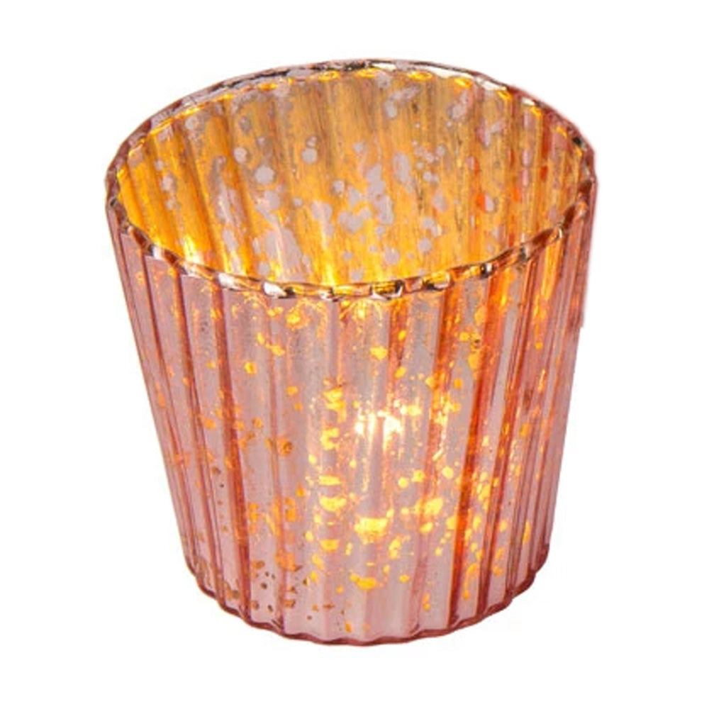Vintage Mercury Glass Candle Holder (3-Inch, Caroline Design, Vertical Motif, Rose Gold Pink) - For use with Tea Lights - Home Decor, Parties and Wedding Decorations
