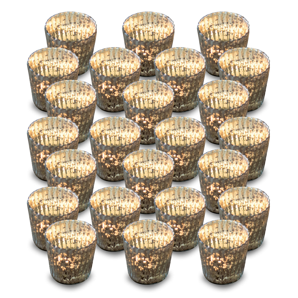 24 Pack | Vintage Mercury Glass Candle Holders (3-Inch, Caroline Design, Vertical Motif, Silver) - For use with Tea Lights - Home Decor, Parties and Wedding Decorations - PaperLanternStore.com - Paper Lanterns, Decor, Party Lights &amp; More