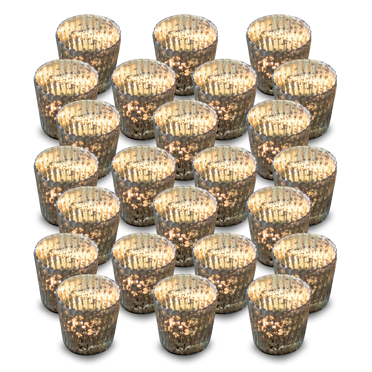 24 Pack | Vintage Mercury Glass Candle Holders (3-Inch, Caroline Design, Vertical Motif, Silver) - For use with Tea Lights - Home Decor, Parties and Wedding Decorations - PaperLanternStore.com - Paper Lanterns, Decor, Party Lights & More