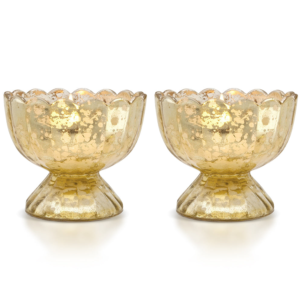 2-PACK | Vintage Mercury Glass Candle Holder (3-Inch, Suzanne Design, Sundae Cup Motif, Gold) - For Use with Tea Lights - Home Decor and Wedding Decorations