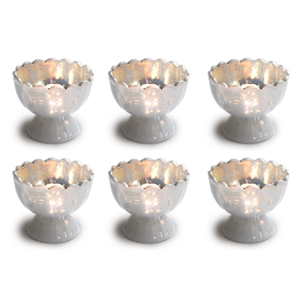 6 Pack | Vintage Mercury Glass Chalice Candle Holders (3-Inch, Suzanne Design, Sundae Cup Motif, Pearl White) - For Use with Tea Lights - For Home Decor, Parties and Wedding Decorations