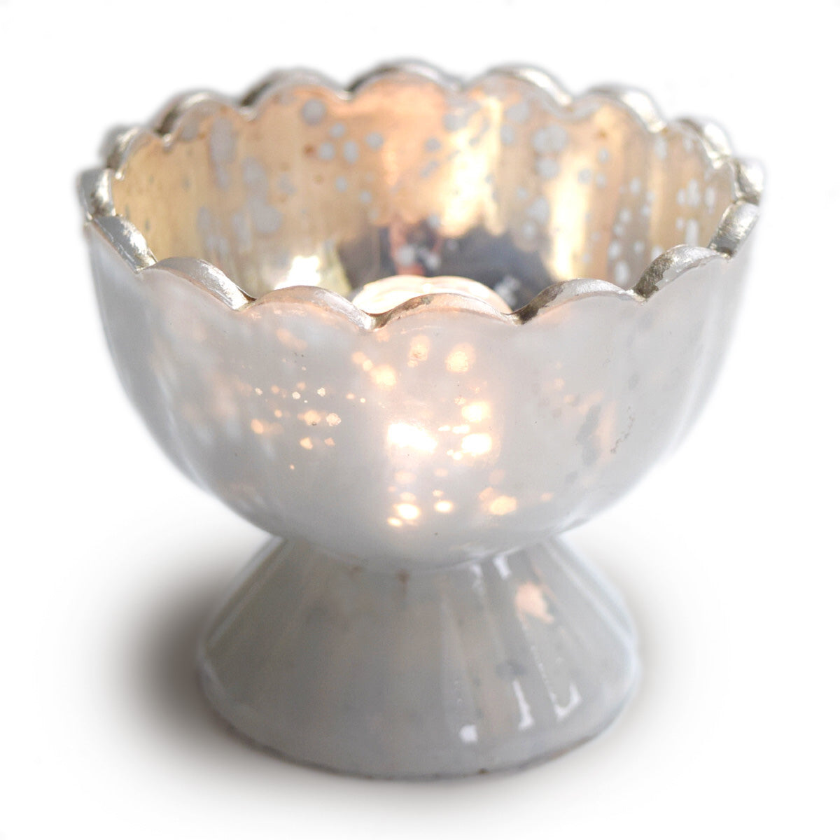 6 Pack | Vintage Mercury Glass Chalice Candle Holders (3-Inch, Suzanne Design, Sundae Cup Motif, Pearl White) - For Use with Tea Lights - For Home Decor, Parties and Wedding Decorations