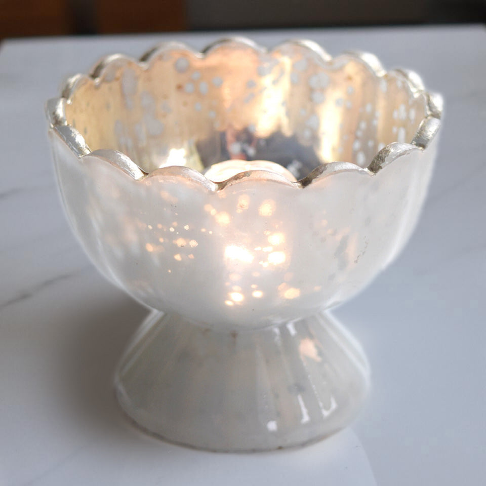 BLOWOUT Vintage Mercury Glass Candle Holder (3-Inch, Suzanne Design, Sundae Cup Motif, Pearl White) - For Use with Tea Lights - Home Decor and Wedding Decorations
