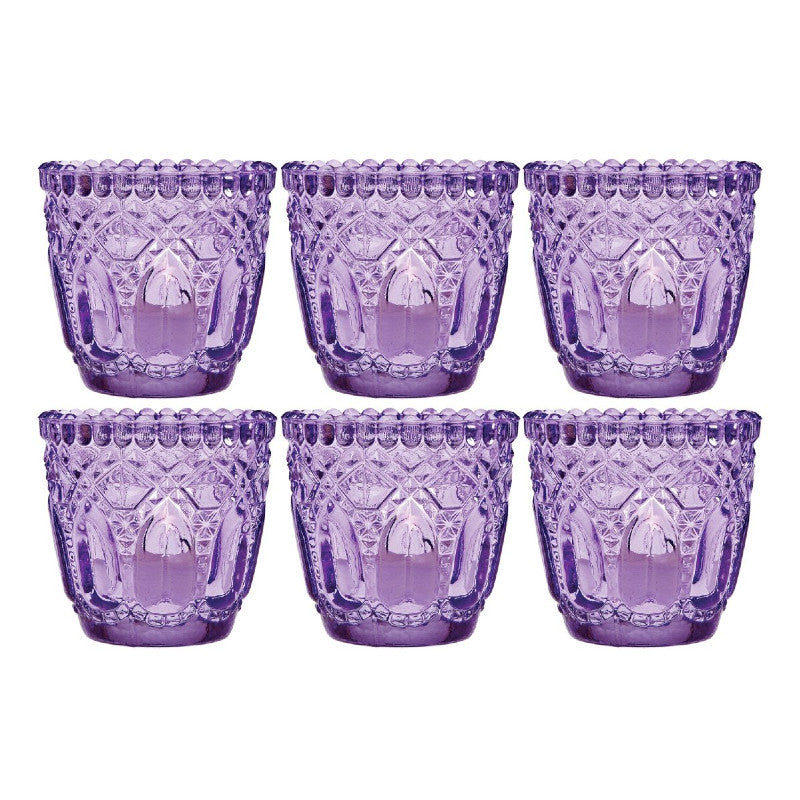 6 Pack | Faceted Vintage Glass Candle Holders (2.75-Inch, Lillian Design, Light Purple) - Use with Tea Lights - For Home Decor, Parties and Wedding Decorations - PaperLanternStore.com - Paper Lanterns, Decor, Party Lights &amp; More