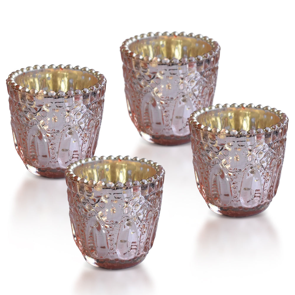 4-PACK | Faceted Vintage Mercury Glass Candle Holder (2.75-Inch, Lillian Design, Rose Gold Pink) - For Use with Tea Lights - For Home Decor and Wedding Decorations