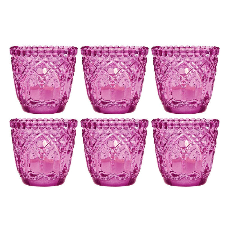 6 Pack | Faceted Vintage Glass Candle Holders (2.75-Inch, Lillian Design, Fuchsia / Hot Pink) - Use with Tea Lights - For Home Decor, Parties and Wedding Decorations - PaperLanternStore.com - Paper Lanterns, Decor, Party Lights &amp; More