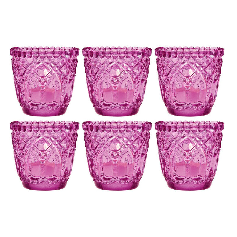 6 Pack | Faceted Vintage Glass Candle Holders (2.75-Inch, Lillian Design, Fuchsia / Hot Pink) - Use with Tea Lights - For Home Decor, Parties and Wedding Decorations - PaperLanternStore.com - Paper Lanterns, Decor, Party Lights & More
