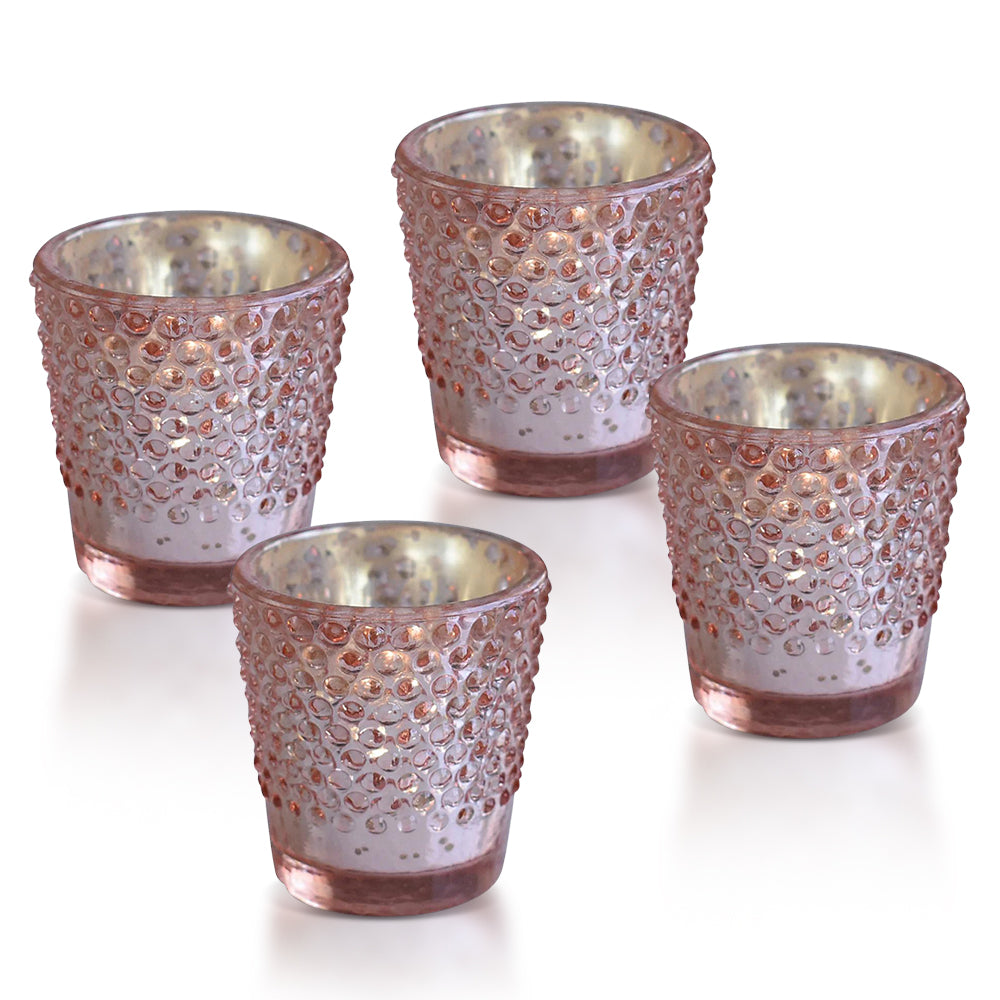 4-PACK | Hobnail Design Mercury Glass Candle Holder (2.25-Inch, Candace Design, Rose Gold Pink) - For Use with Tea Lights - For Home Decor, Parties and Wedding Decorations