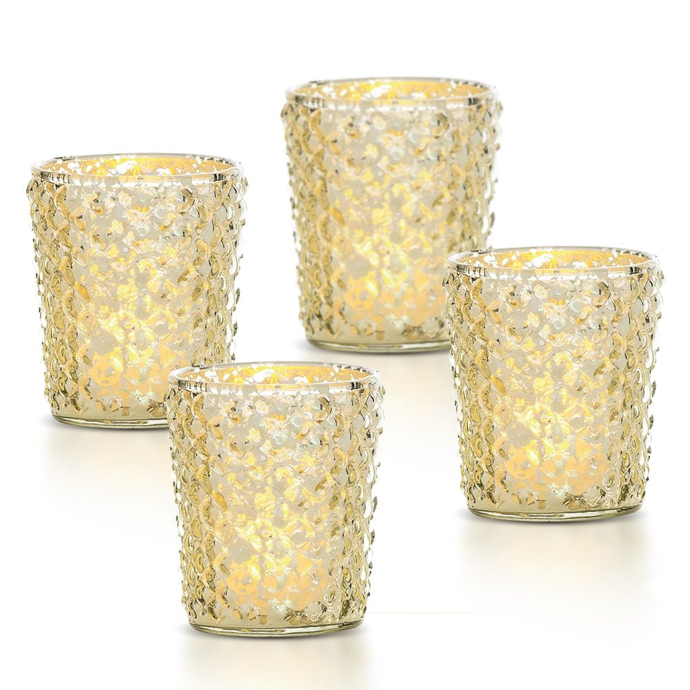 4-PACK | Vintage Mercury Glass Candle Holder (3-Inch, Zariah Design, Gold) - For Use with Tea Lights - For Home Decor, Parties, and Wedding Decorations