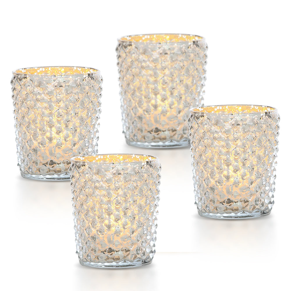 4-PACK | Vintage Mercury Glass Candle Holder (3-Inch, Zariah Design, Silver) - For Use with Tea Lights - For Home Decor, Parties, and Wedding Decorations