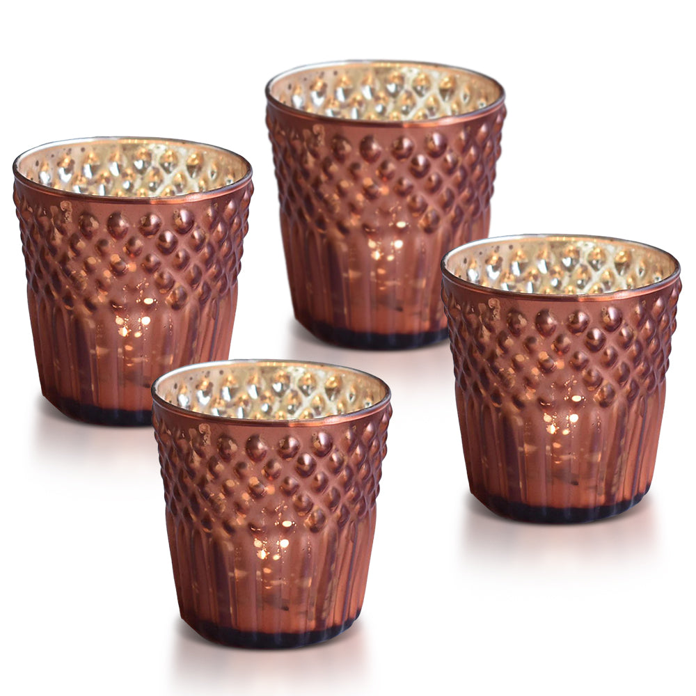 4-PACK | Mercury Glass Tealight Holder (2.75-Inch, Ophelia Design, Rustic Copper Red) - For Use with Tea Lights - For Home Decor, Parties and Wedding Decorations