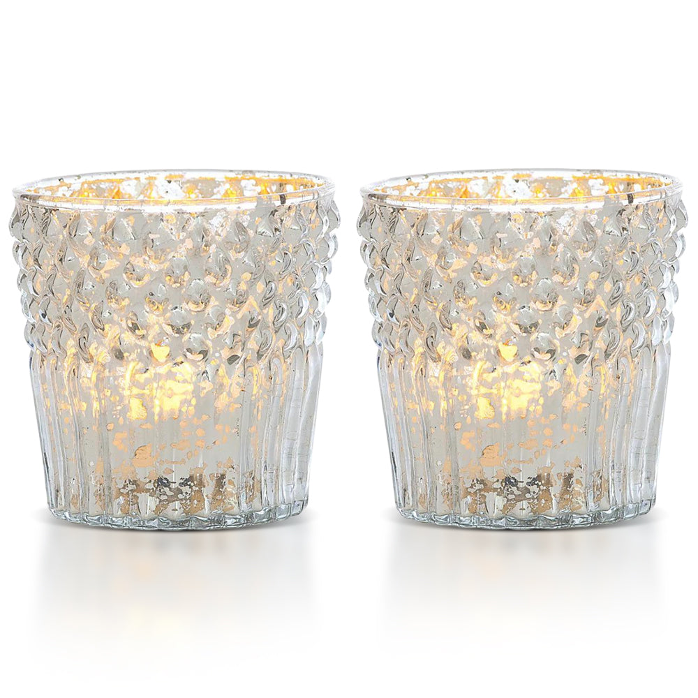 2-PACK | Vintage Mercury Glass Candle Holder (3-Inch, Ophelia Design, Silver) - For Use with Tea Lights - For Home Decor, Parties and Wedding Decorations
