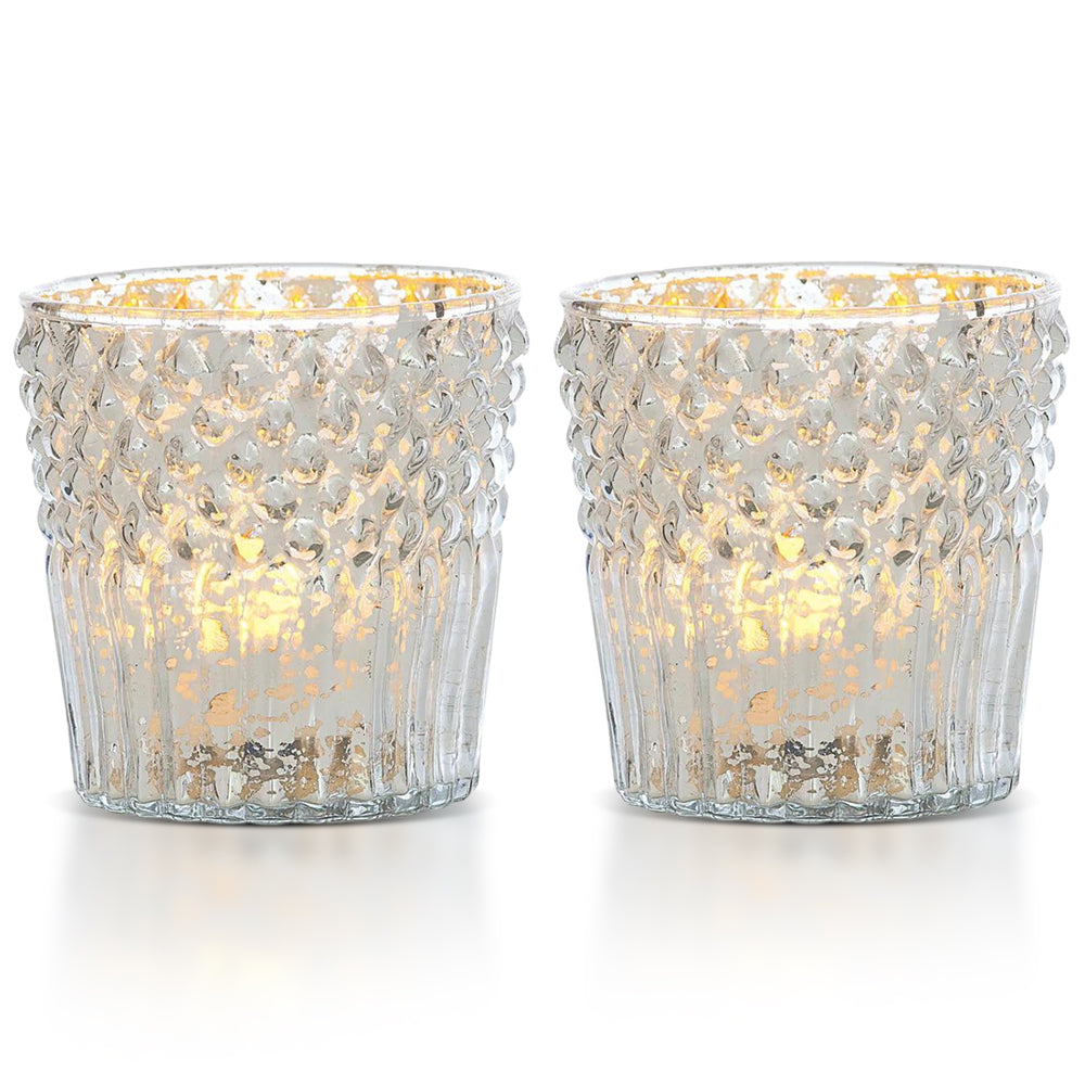 4-PACK | Vintage Mercury Glass Candle Holder (3-Inch, Ophelia Design, Silver) - For Use with Tea Lights - For Home Decor, Parties and Wedding Decorations