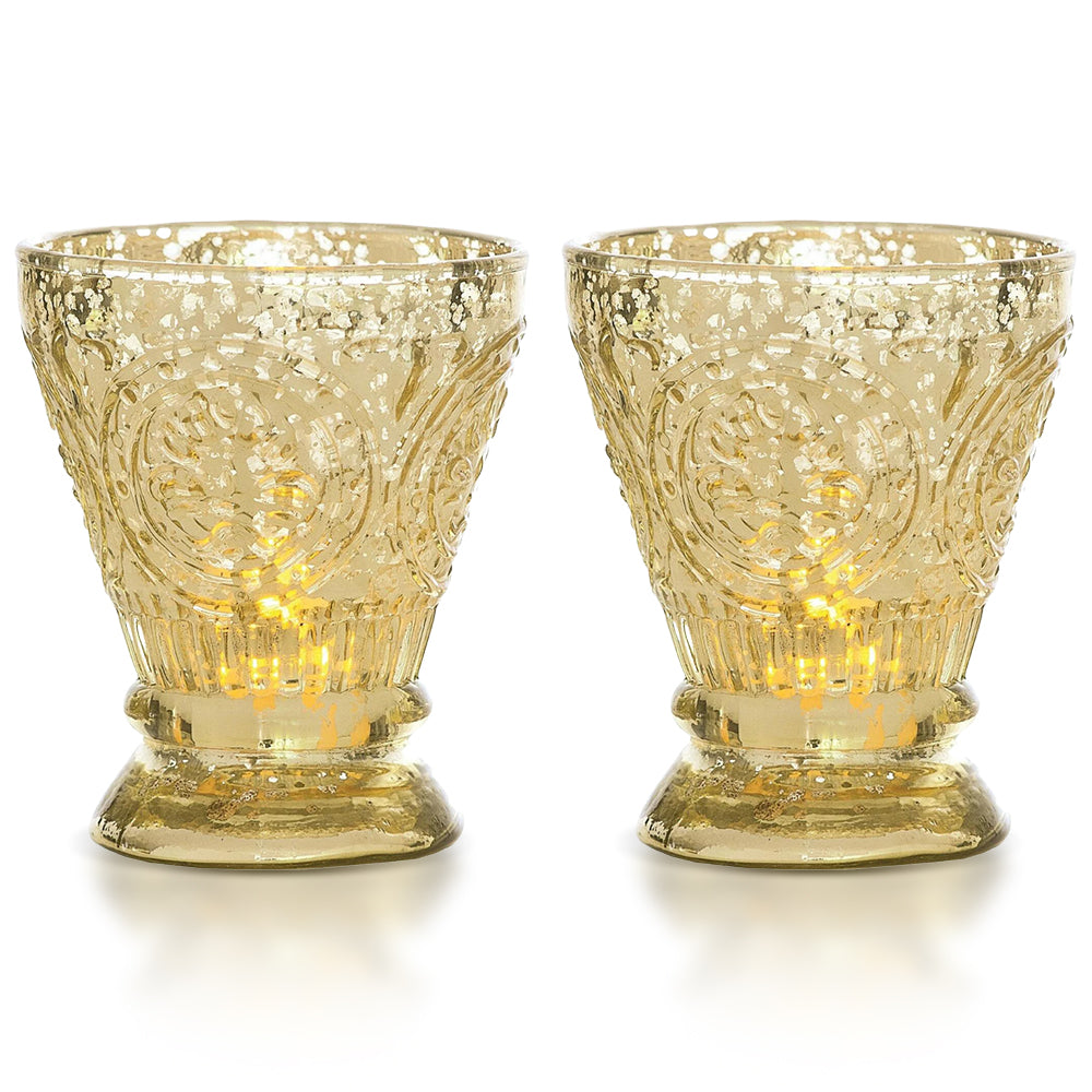 2-PACK | Vintage Mercury Glass Candle Holder (4-Inch, Rosemary Design, Gold) - For Use with Tea Lights - For Home Decor, Parties, and Wedding Decorations