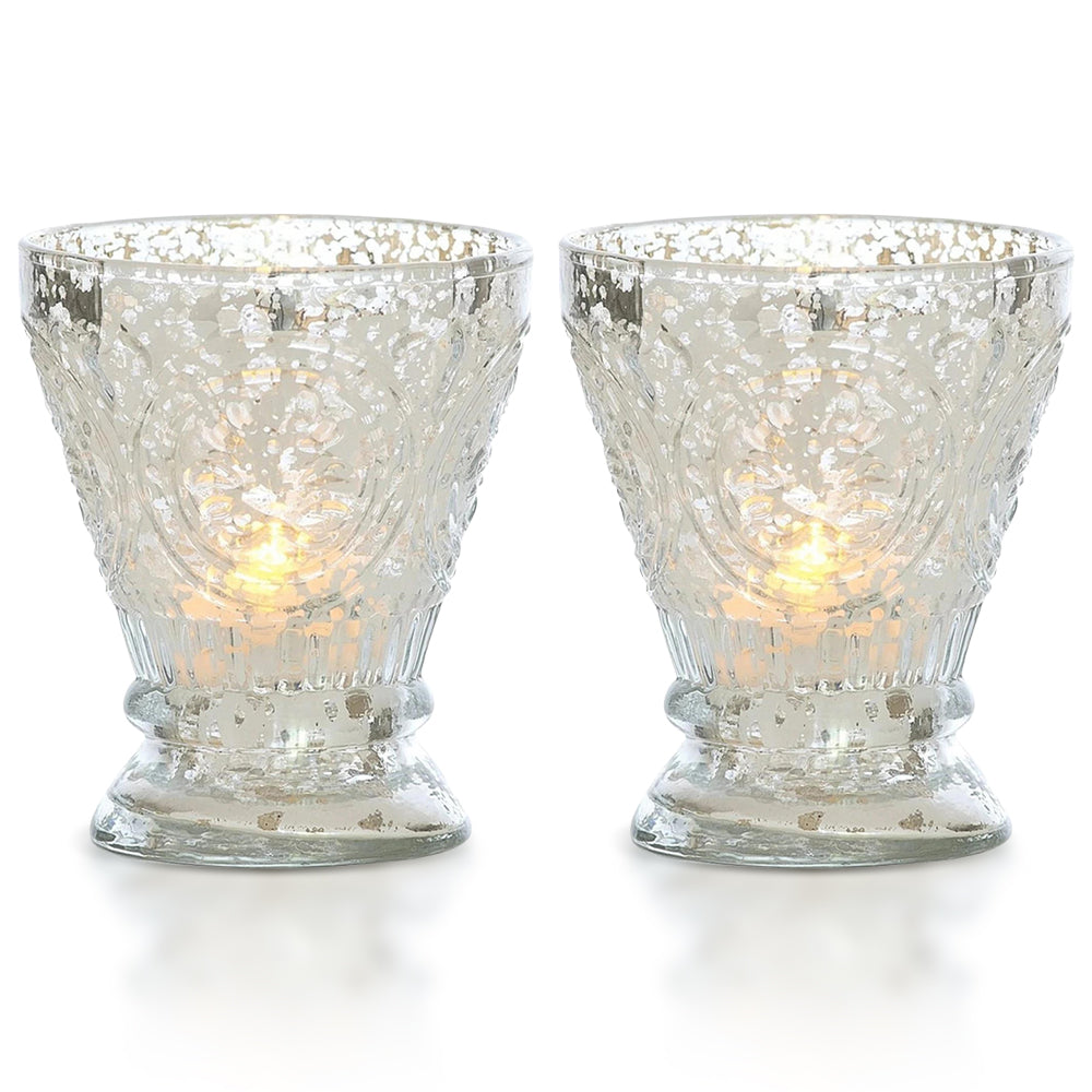 2-PACK | Vintage Mercury Glass Candle Holder (4-Inch, Rosemary Design, Silver) - For Use with Tea Lights - For Home Decor, Parties, and Wedding Decorations