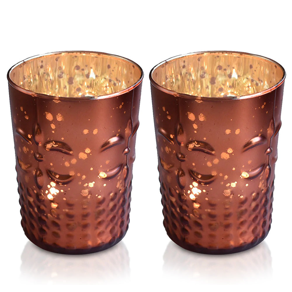 2-PACK | Fleur Mercury Glass Tealight Holder (Rustic Copper Red) For Use with Tea Lights - For Home Decor, Parties and Wedding Decorations - Mercury Glass Votive Holders