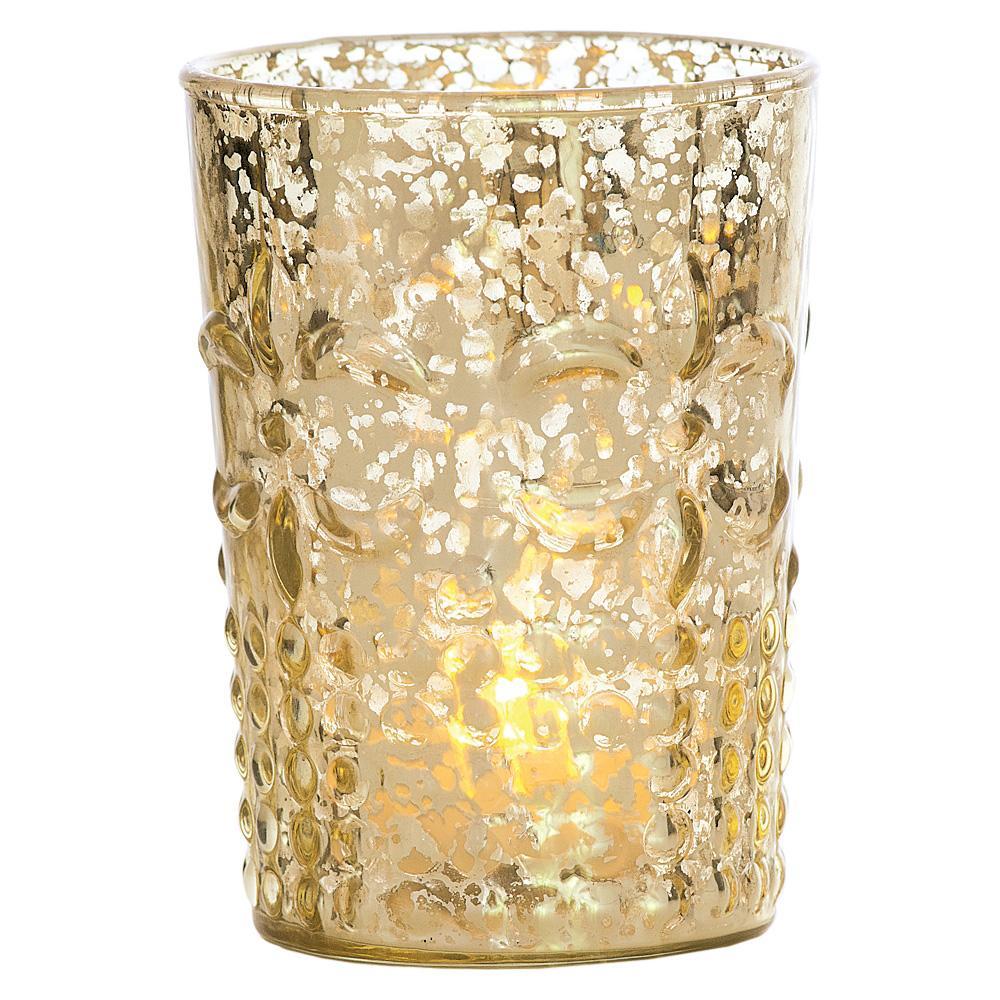 Art Deco Gold Mercury Glass Tea Light Votive Candle Holders (Set of 5, Assorted Designs and Sizes)