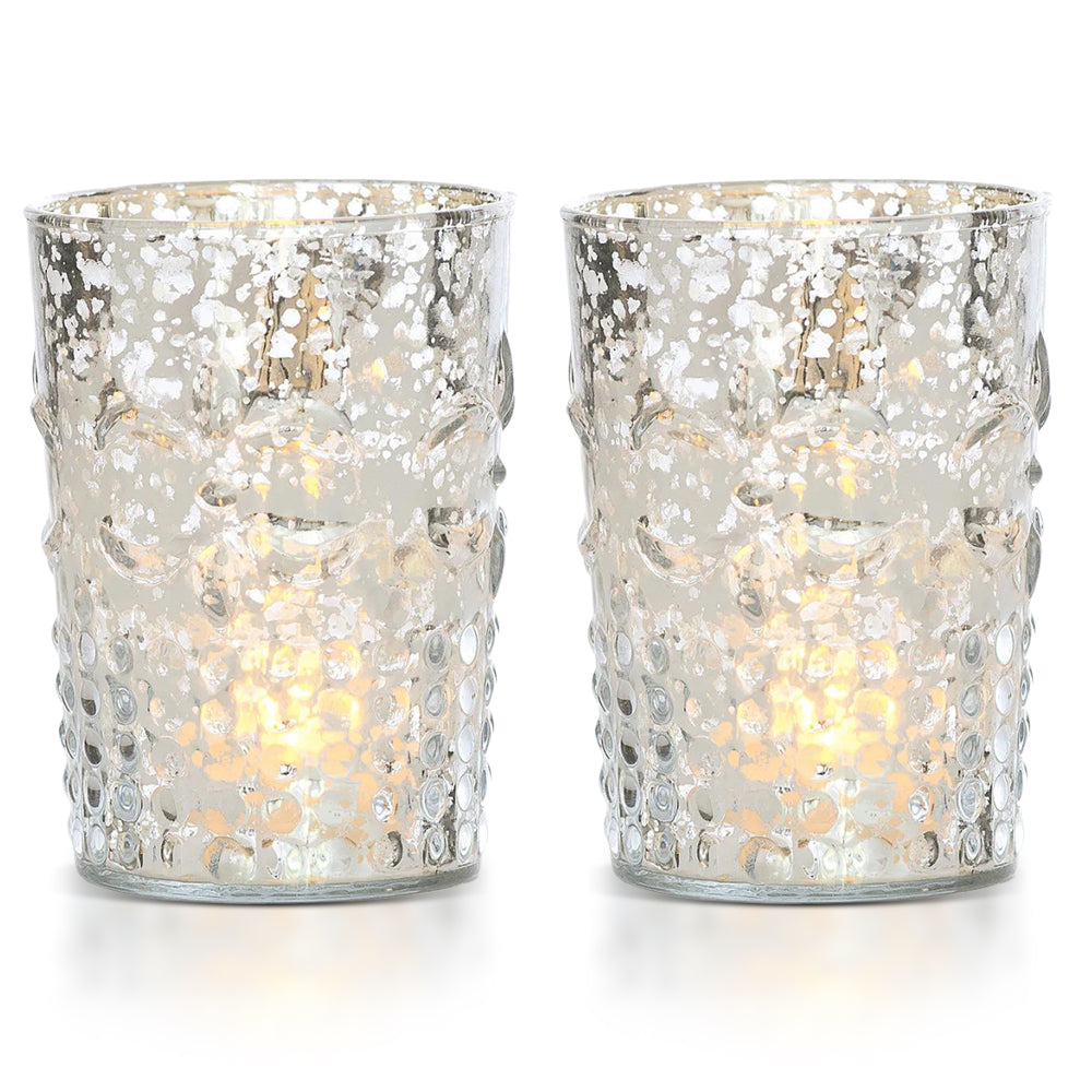 2-PACK | Vintage Mercury Glass Candle Holder (4-Inch, Fleur Design, Flower Motif, Silver) - For Home Decor, Party Decorations, and Wedding Centerpieces