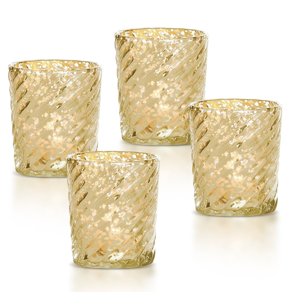 4-PACK | Mercury Glass Candle Holder (3-Inch, Grace Design, Gold) - for use with Tea Lights - for Home Décor, Parties and Wedding Decorations