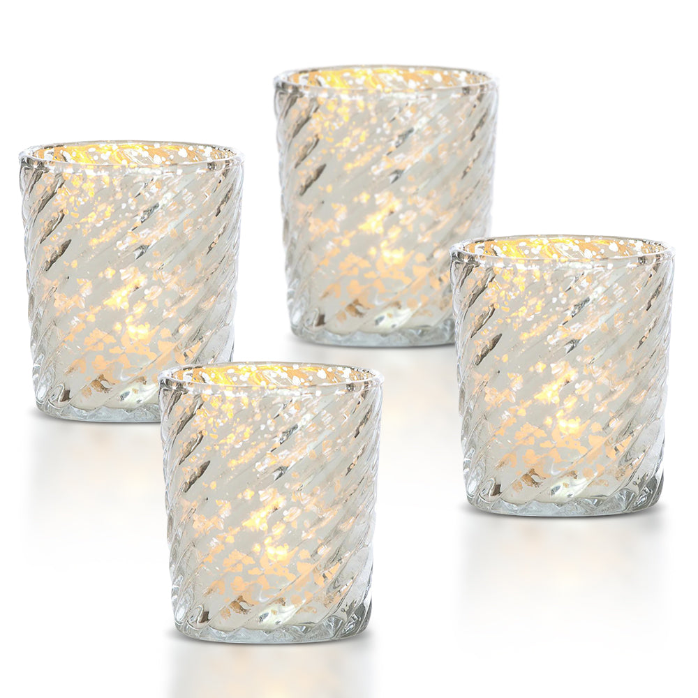 4-PACK | Mercury Glass Candle Holder (3-Inch, Grace Design, Silver) - for use with Tea Lights - for Home Décor, Parties and Wedding Decorations