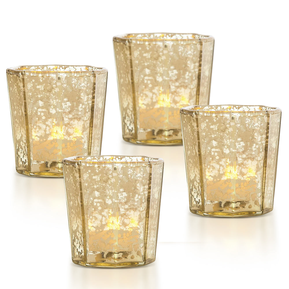 4-PACK | Vintage Mercury Glass Candle Holder (2.75-Inch, Patricia Design, Gold) - For Use with Tea Lights - For Home Decor, Parties, and Wedding Decorations