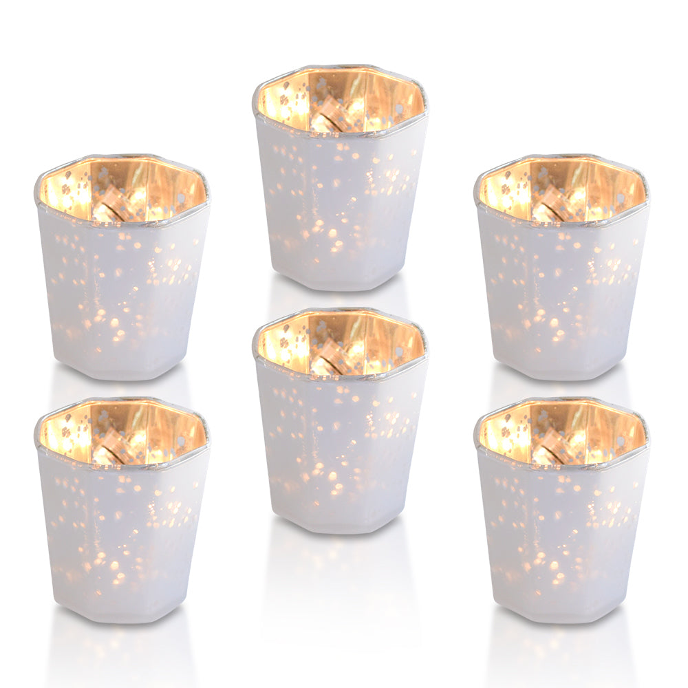 6 Pack | Mercury Glass Tealight Candle Holders (2.75-Inches, Patricia Design, Pearl White) For Use with Tea Lights - For Home Decor, Parties and Wedding Decorations - Mercury Glass Votive Holders