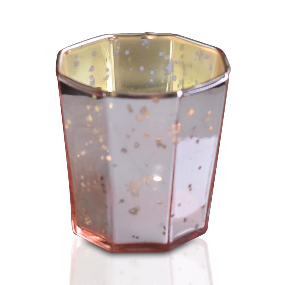 Shabby Chic Rose Gold Mercury Glass Tea Light Votive Candle Holders (Set of 5, Assorted Designs and Sizes)