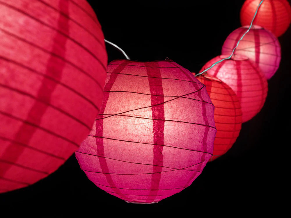 8" Valentine's Day Red and Pink Mix Paper Lantern String Light COMBO Kit (12 FT, EXPANDABLE, White)
