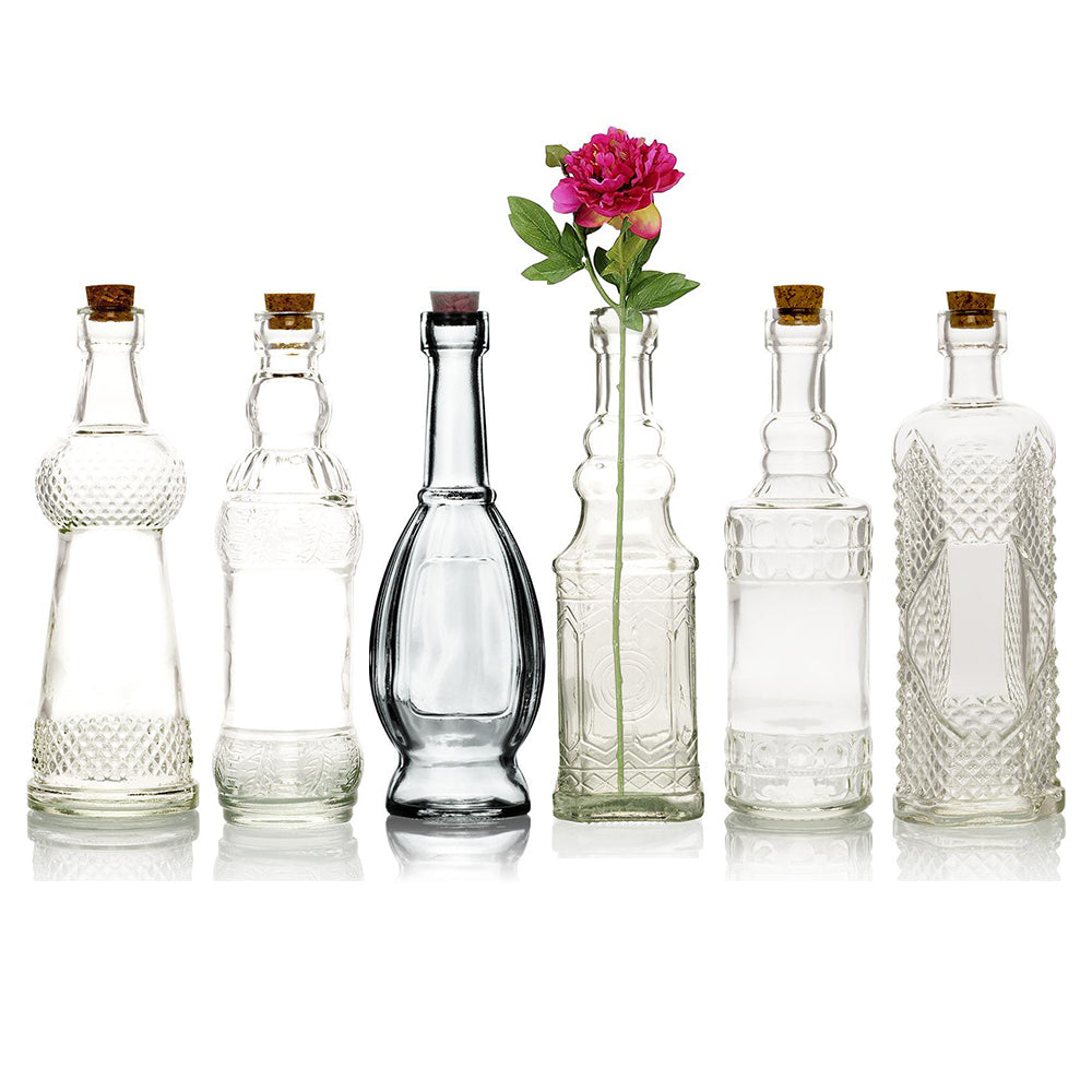 Vintage Glam Clear Vintage Glass Bottles Set - (6 Pack, Assorted Designs)