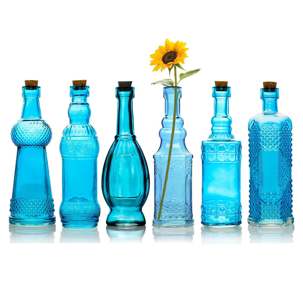 Vintage Glam Turquoise Blue Vintage Glass Bottles Set - (6 Pack, Assorted Designs)