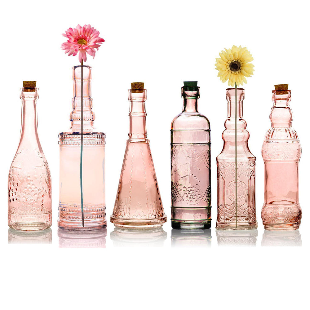 Vintage Romance Pink Vintage Glass Bottles Set - (6 Pack, Assorted Designs)