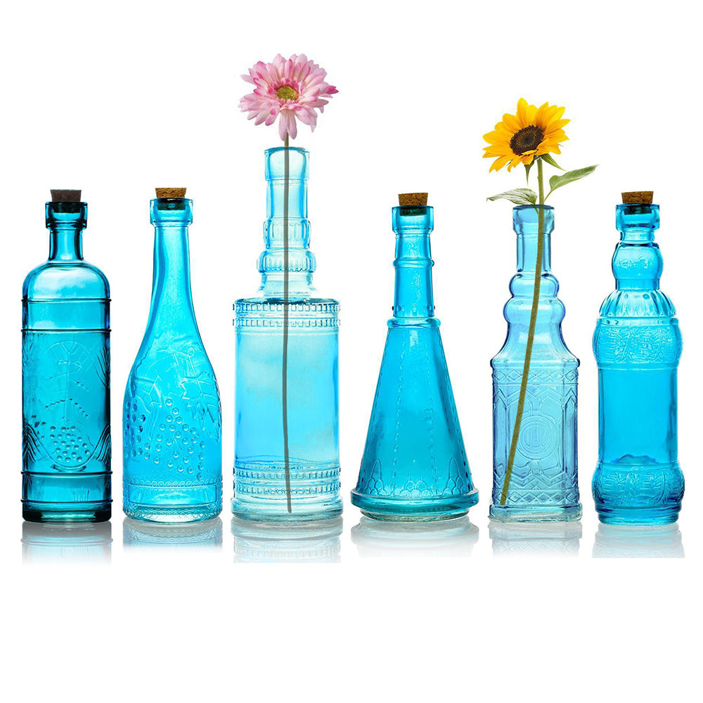 Vintage Romance Turquoise Blue Vintage Glass Bottles Set - (6 Pack, Assorted Designs)