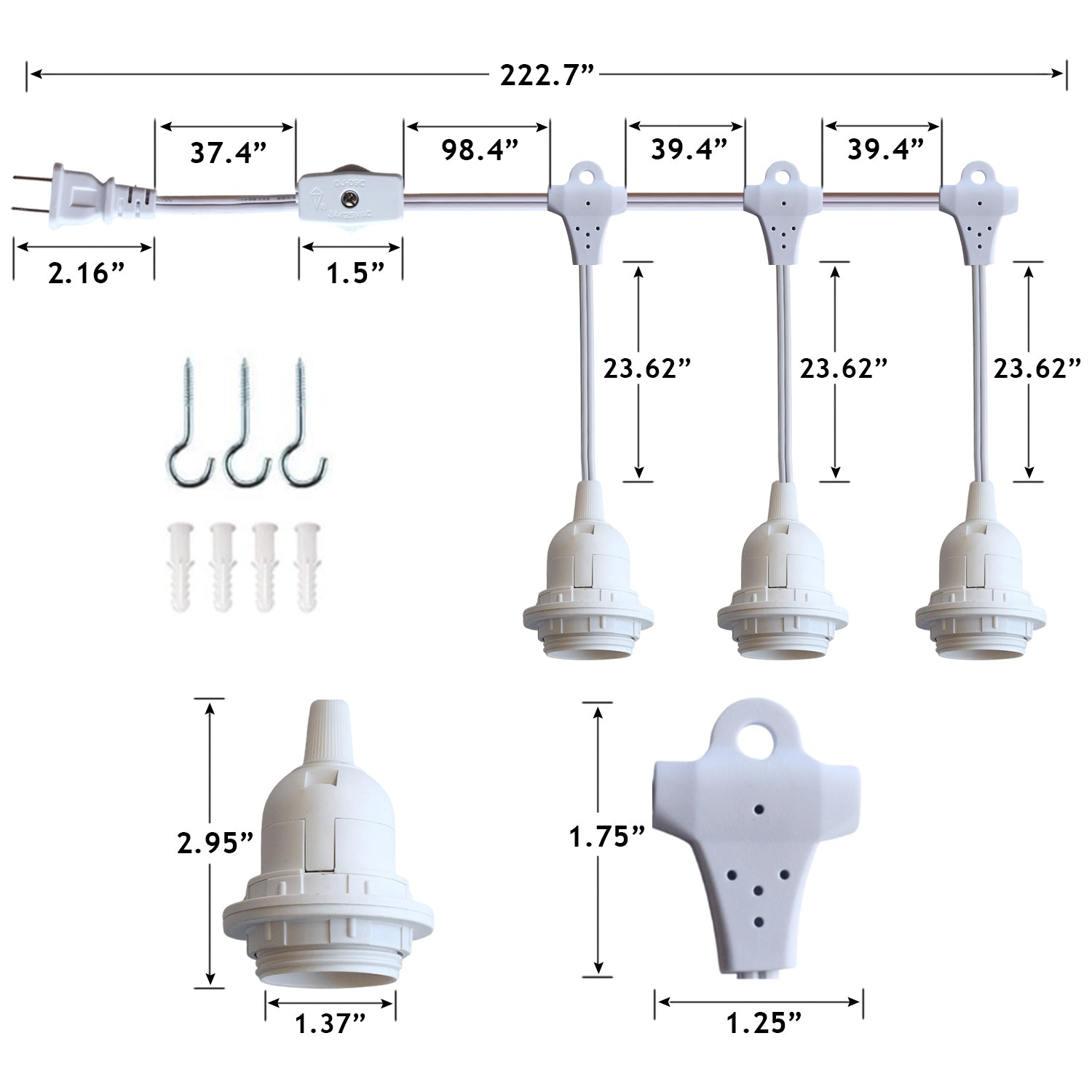 Triple Socket White Pendant Light Lamp Cord for Lanterns, Switch, E26, 19 FT