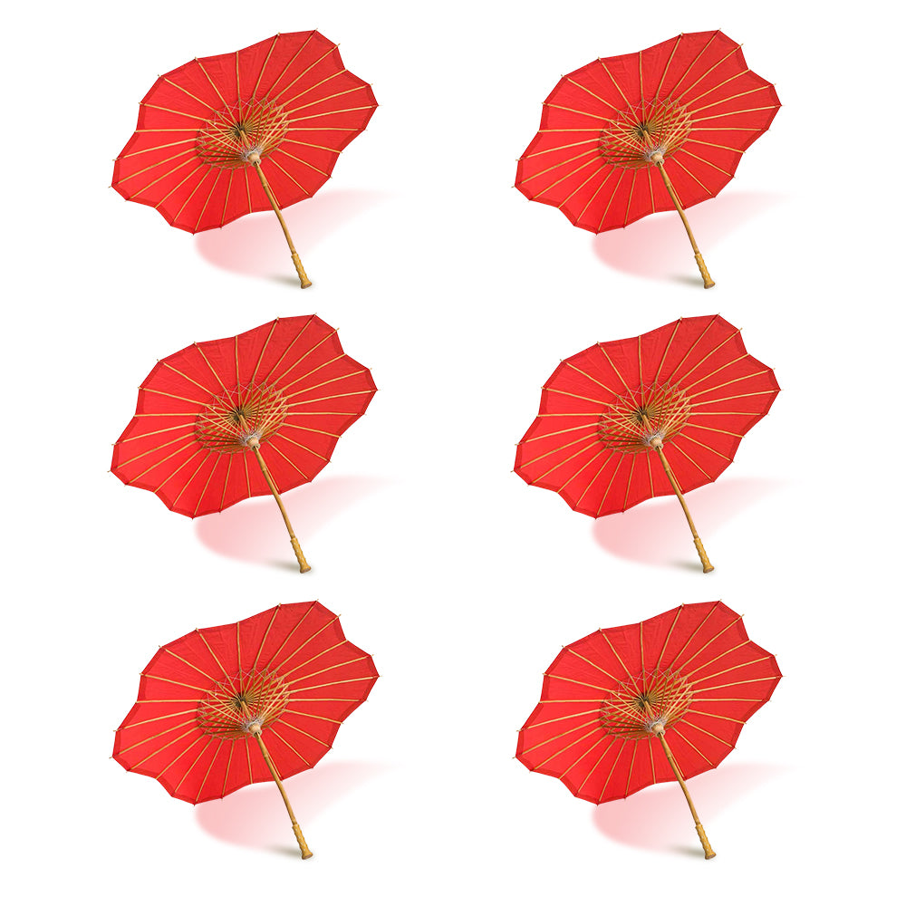 BULK PACK (6-Pack) 32&quot; Red Paper Parasol Umbrella, Scallop Blossom Shaped with Elegant Handle