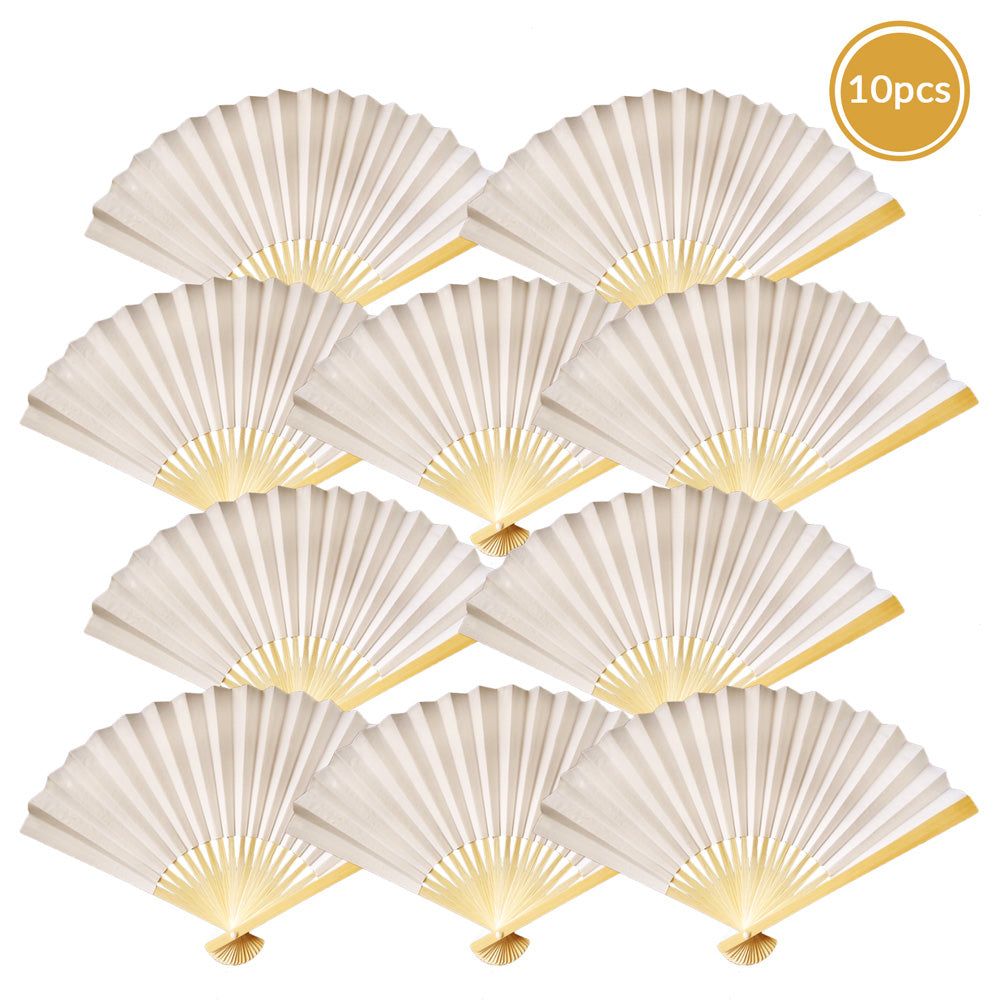 9&quot; Beige / Ivory Paper Hand Fans for Weddings, Premium Paper Stock (10 Pack) - PaperLanternStore.com - Paper Lanterns, Decor, Party Lights &amp; More