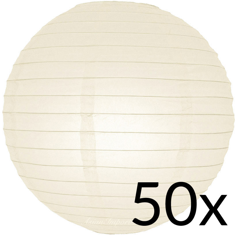 BULK PACK (50) 14" Beige / Ivory Round Paper Lanterns, Even Ribbing, Hanging Decoration